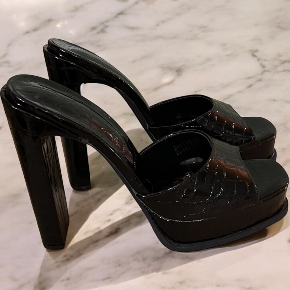 Black platform croc animal print high heel open peep toe mule sandals - Picture 7 of 9